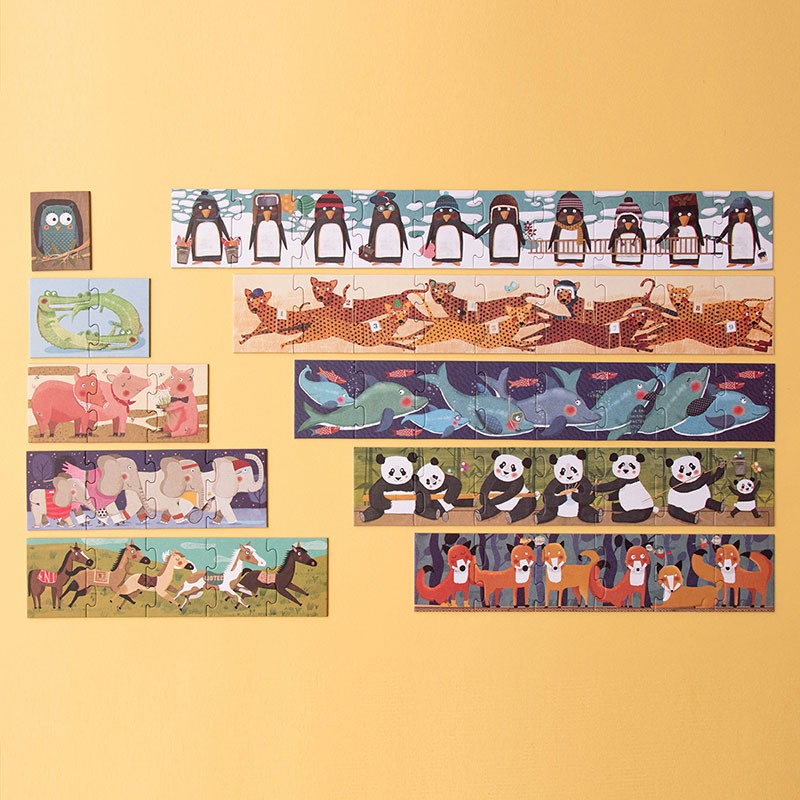 10-penguins-puzzle Set of animal-themed puzzles on a yellow background