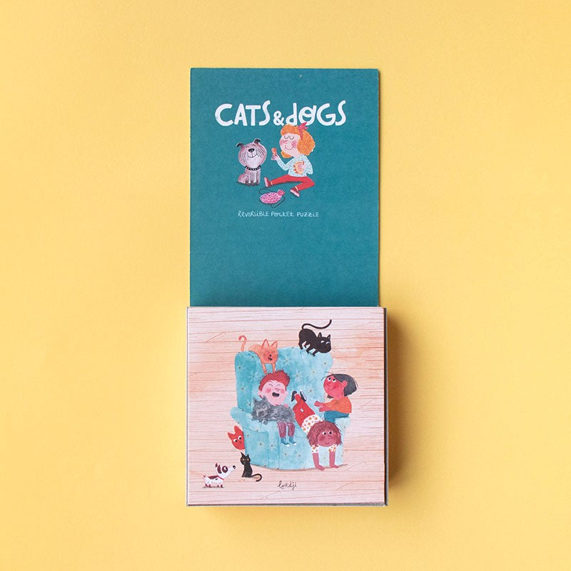 24-piece-double-sided-pocket-puzzle-cats-and-dogs with colorful illustrations on a yellow background