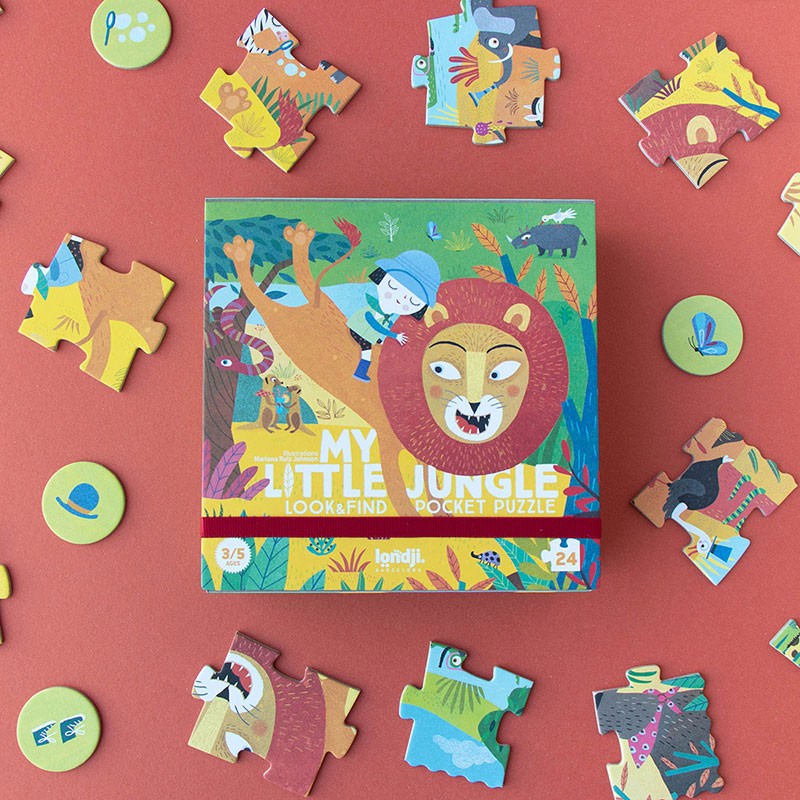 24-piece-look-and-find-pocket-puzzle-my-little-jungle set with 'My Little Jungle' book and scattered pieces on a red background