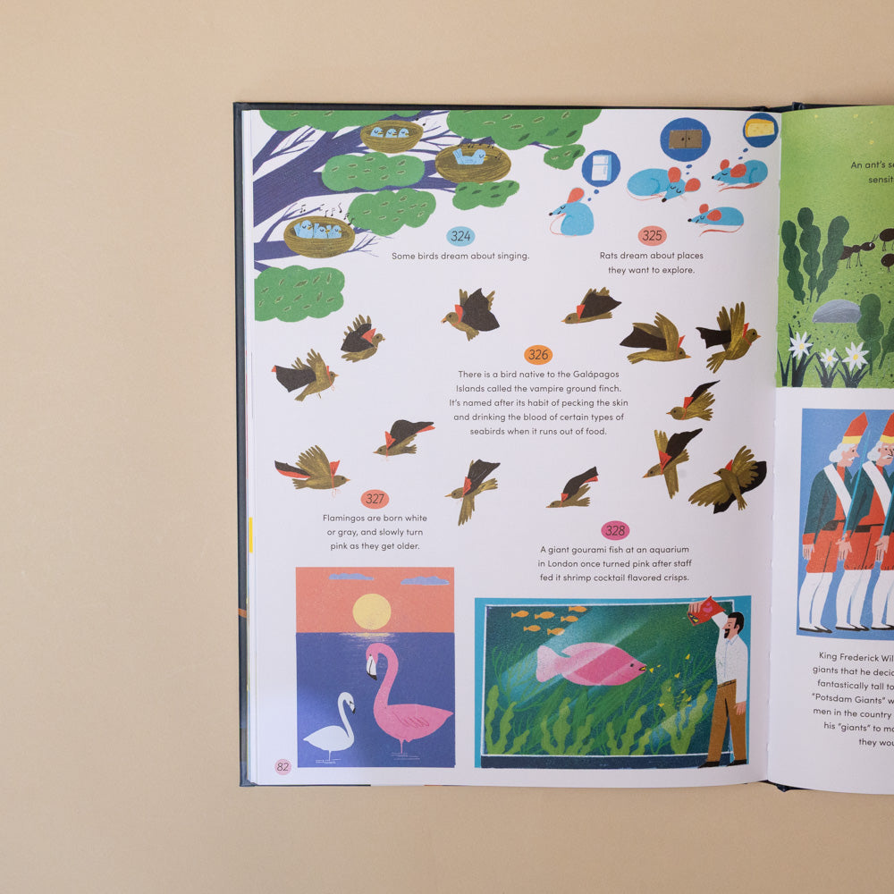 365-amazing-true-things-to-read-in-bed Open book with colorful illustrations of animals and scenes on a beige background