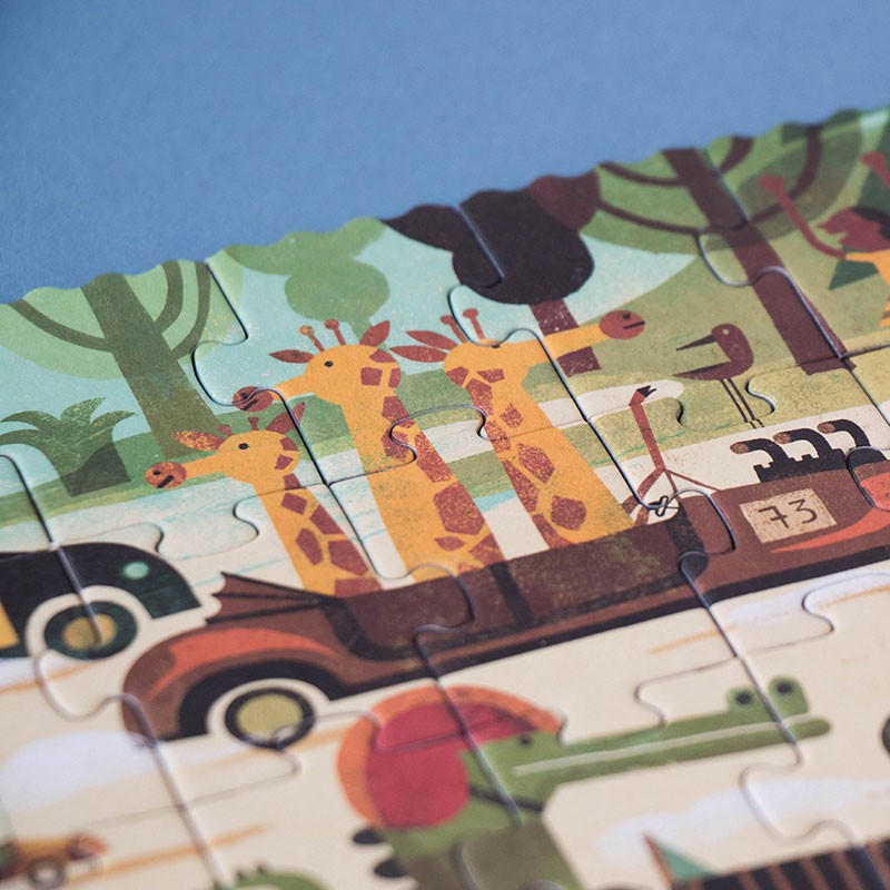 50-piece-pocket-puzzle-vroom-vroom with a truck and giraffes design on a blue background