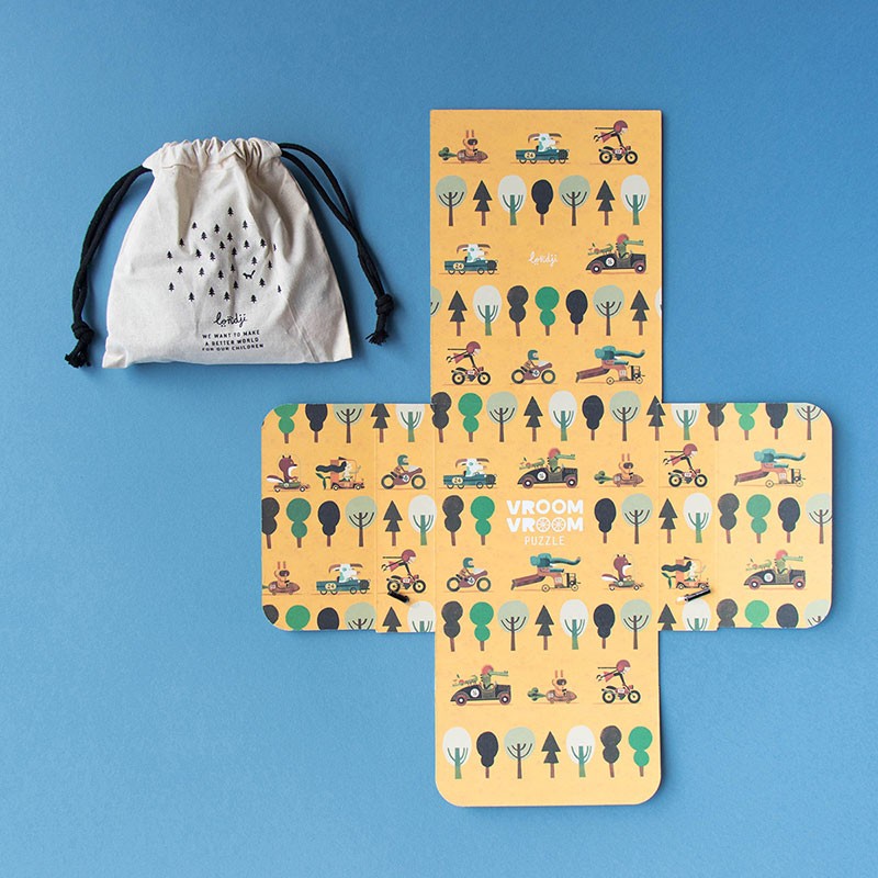 50-piece-pocket-puzzle-vroom-vroom packaging with illustrations and a drawstring bag on a blue background