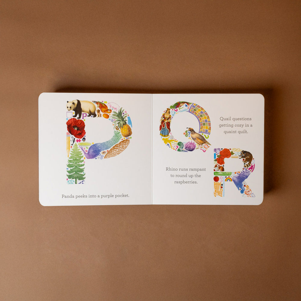 a-b-see Open book showing colorful letters 'P', 'Q', and 'R' with illustrations on a brown background