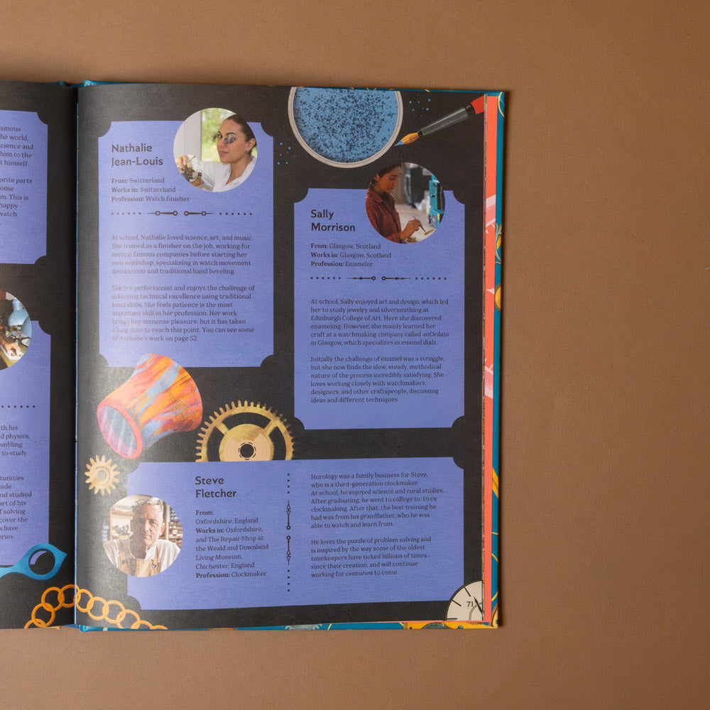 about-time open book with text and pictures about scientists