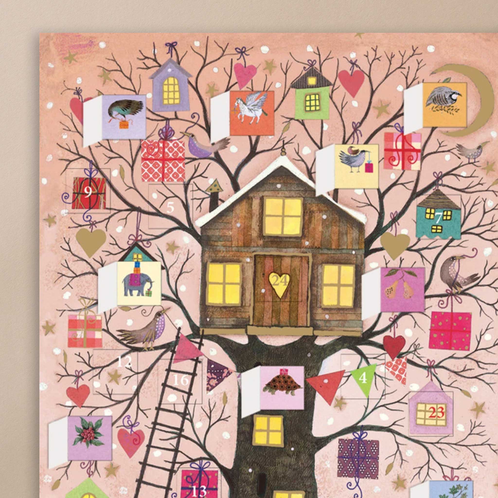 advent-calendar-greeting-card-christmas-tree-house_Illustration of a treehouse with houses on branches against a pink background