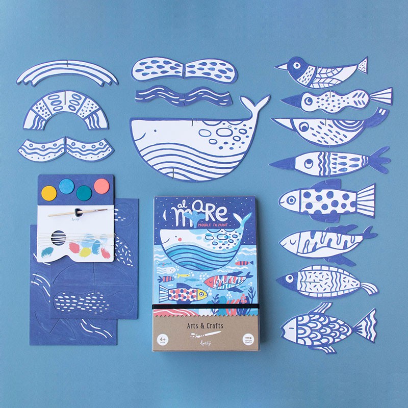 al-mare-arts-and-crafts-kit with whale and fish designs on a blue background