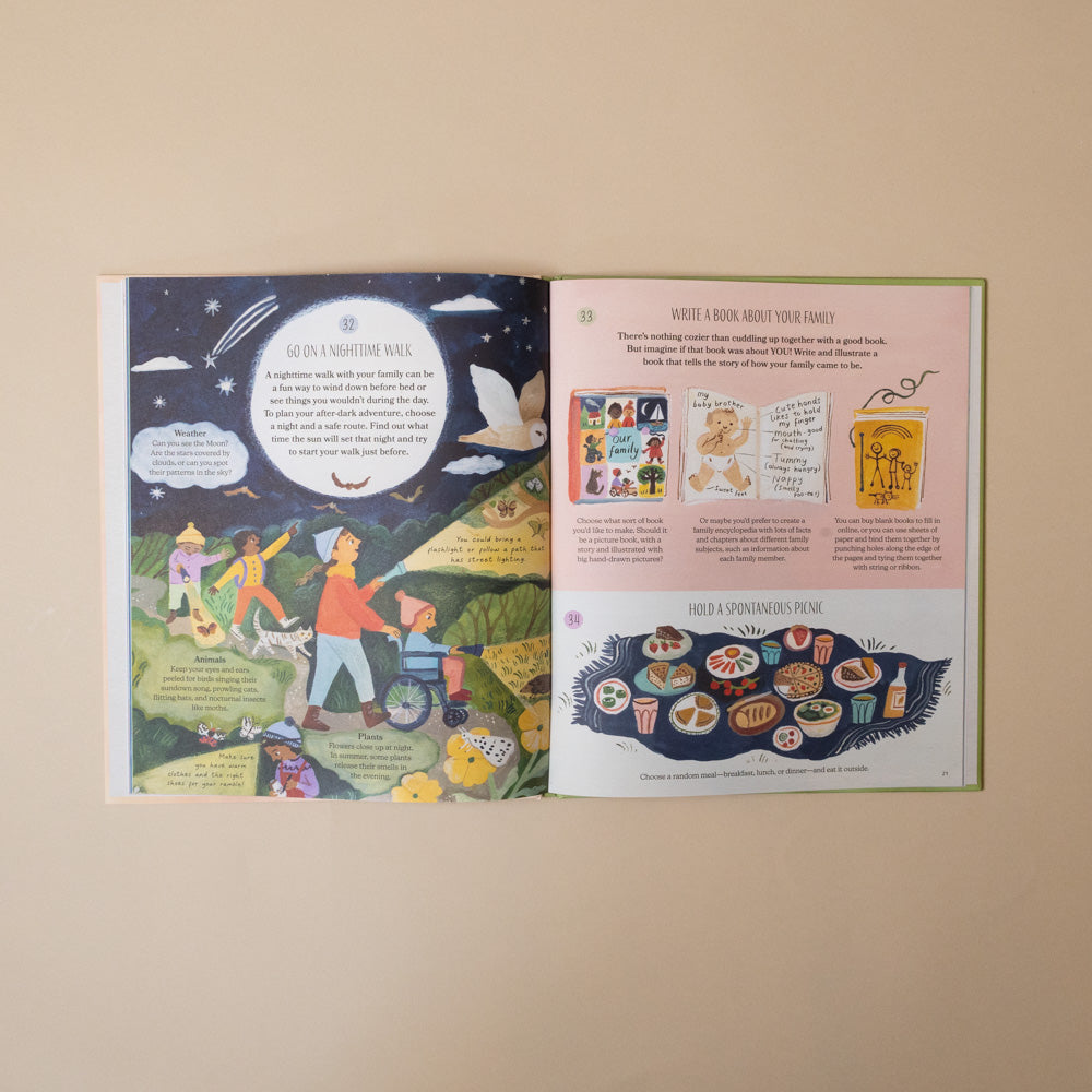 all-together-now-create-50-moments-of-family-joy-open-page-go-on-a-night-walk-with-text-and-illustration