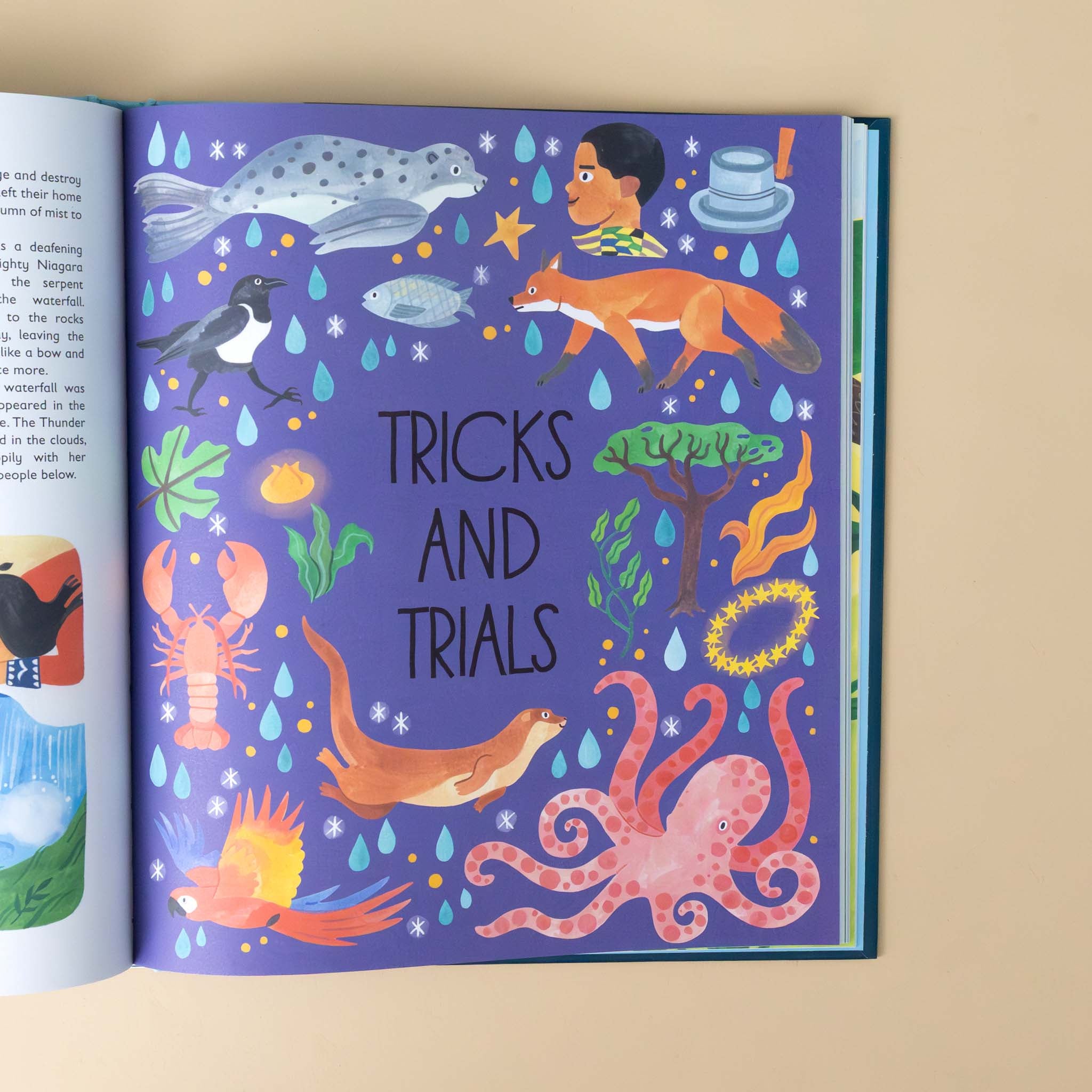 an-ocean-full-of-stories-book-section-titled-tricks-and-titles-with-illustrations-of-sea-creatures-around
