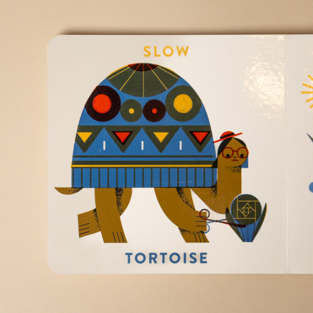 animal-opposites-board-book Illustration of a tortoise with geometric patterns on a card labeled 'Slow Tortoise'.