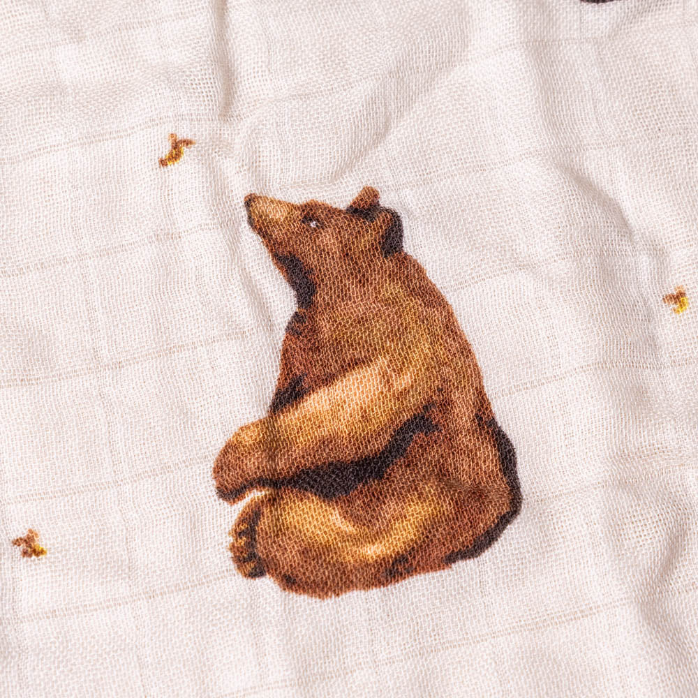 bamboo-burpie-set-honey-bear brown bear on a white fabric background