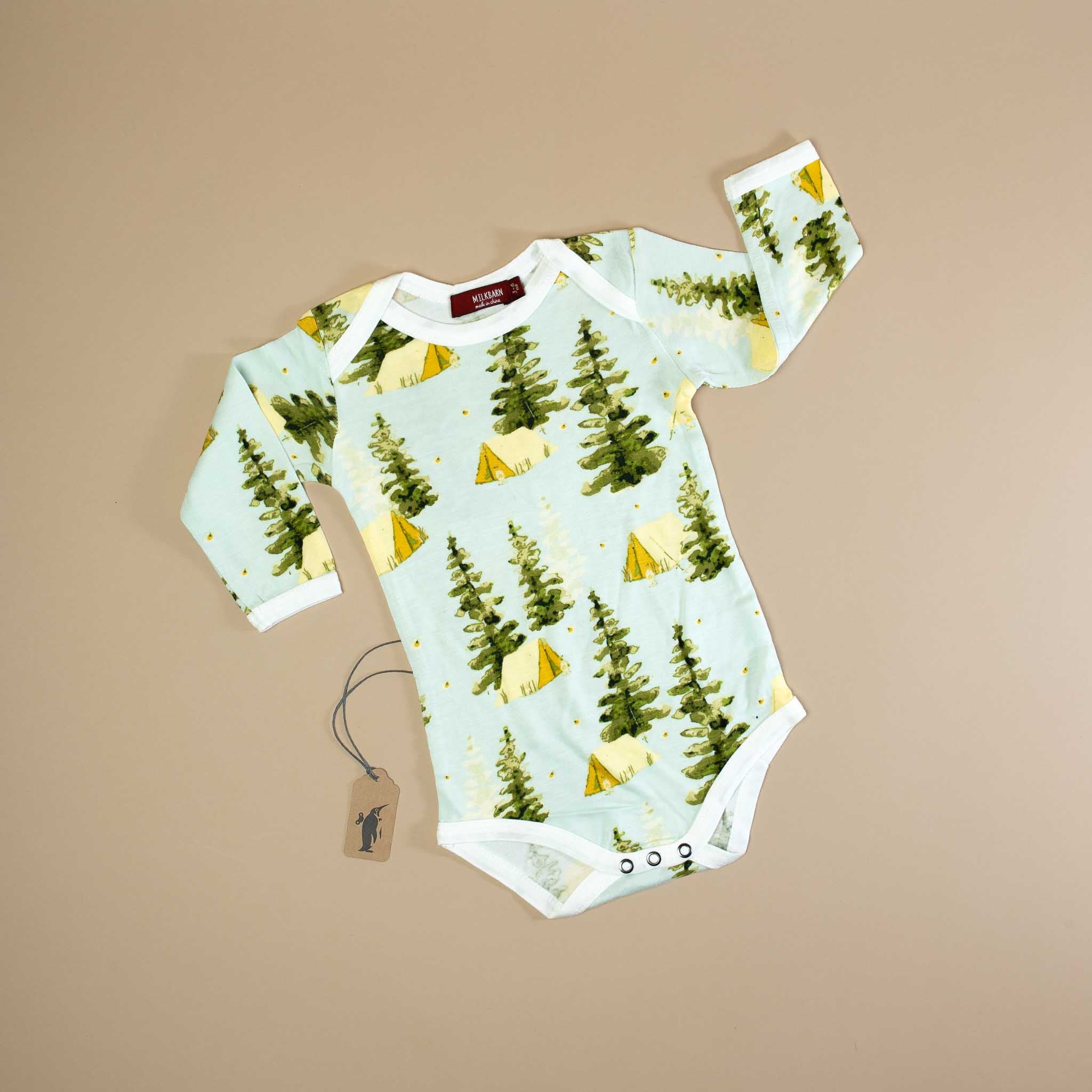 bamboo-long-sleeve-onesie-camping Baby onesie with nature-themed design on a beige background