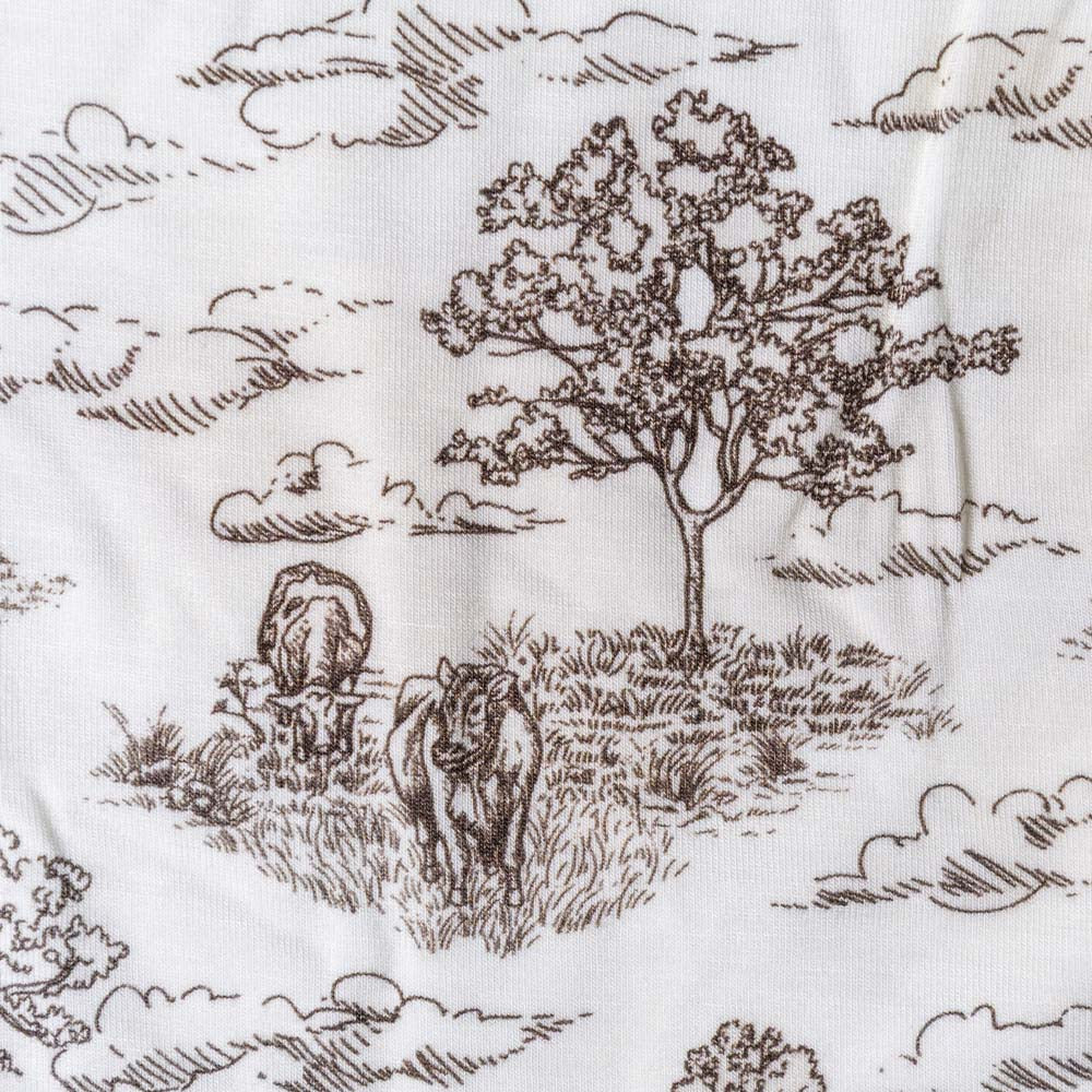 bamboo-long-sleeve-stretch-onesie-meadow-toile-6-12months Patterned fabric with brown line art of trees and animals on a white background