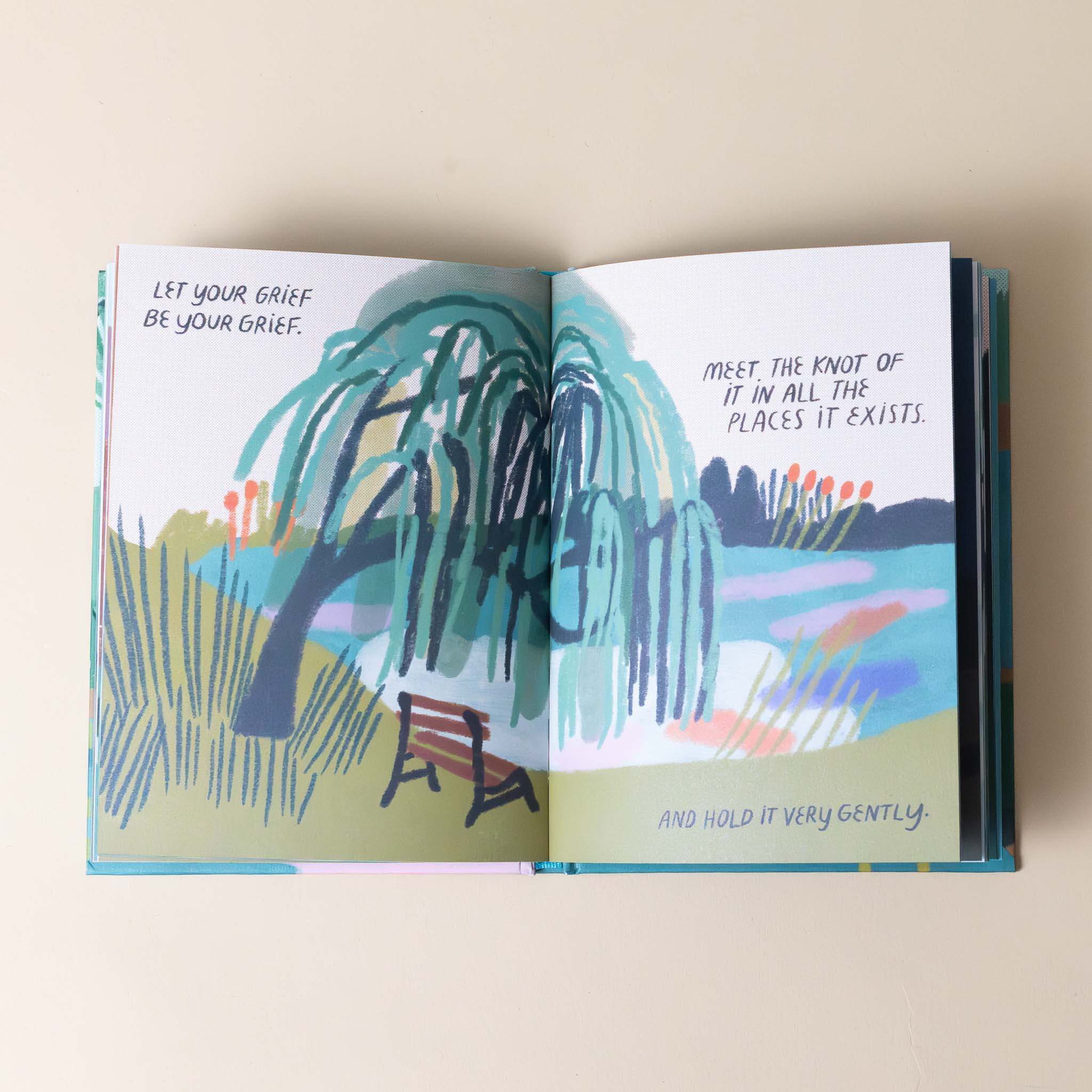 be-good-to-yourself-book-illustration-of-a-bench-next-to-a-weeping-willow-at-a-pond-and-text-let-your-grief-be-your-grief-meet-the-knot-of-it-in-all-the-places-it-exists-and-hold-it-gently