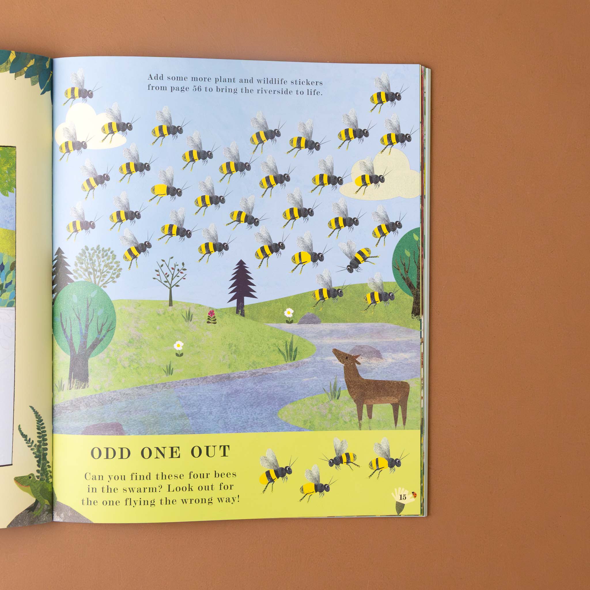 bee-a-peek-through-activity-book-interior-illustration-of-many-bees-in-lines-flying-with-title-odd-one-out-and-text