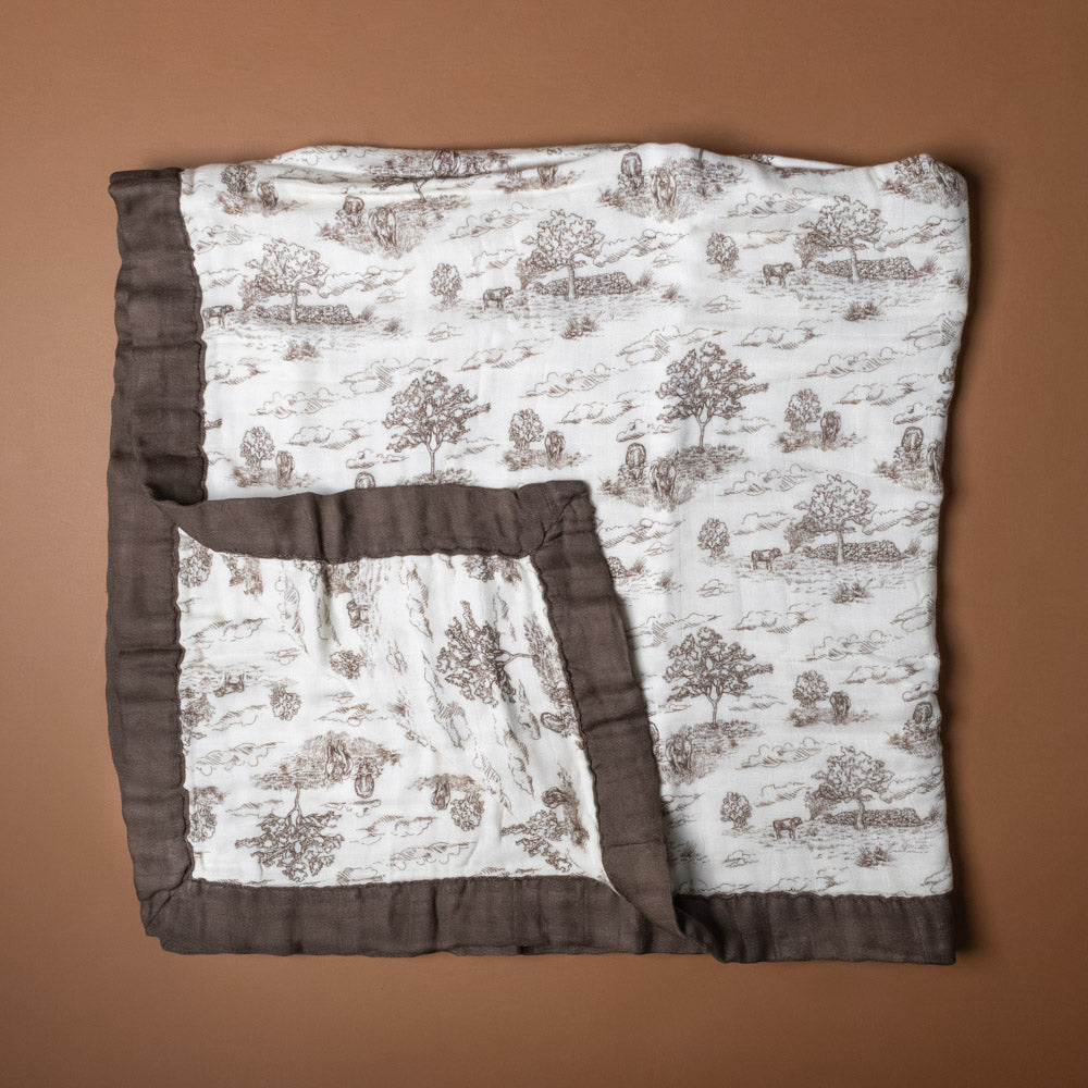 big-lovie-meadow-toile with tree pattern and brown border on a brown background