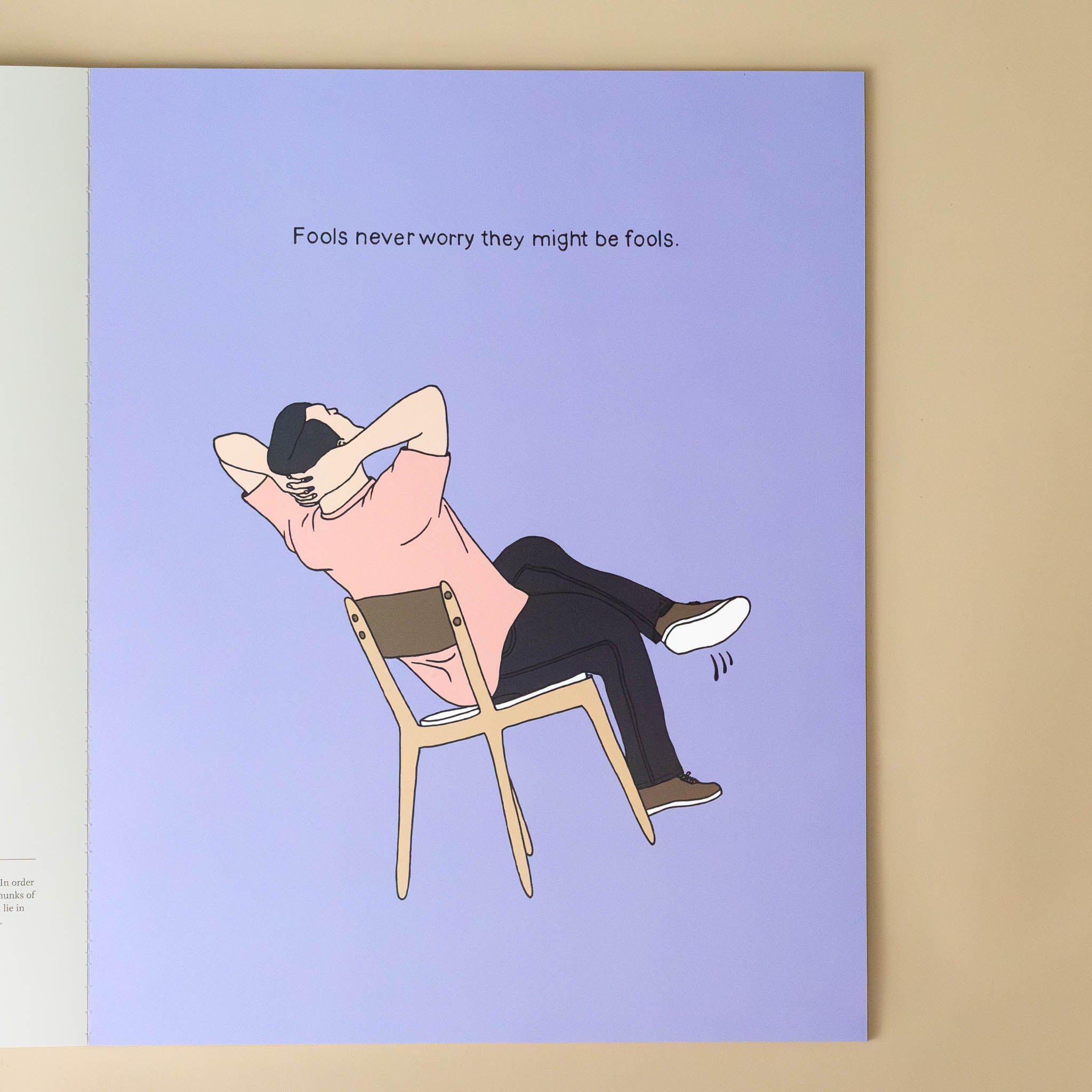 print-of-man-leaning-back-in-a-chair-on-lavendar-background-with-text-fools-never-worry-they-might-be-fools
