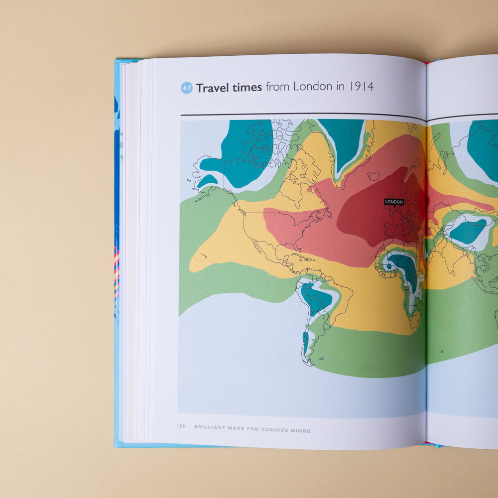 brilliant-maps-for-curious-minds-Open book showing a map titled 'Travel times from London in 1914' on a beige background