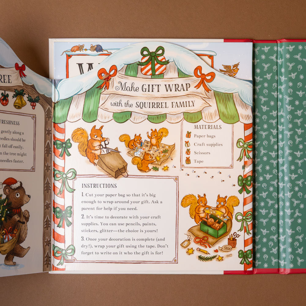 brown-bear-woods-christmas-is-coming-to-town-fold-out-advent-calendar-book Children's book with a squirrel-themed gift wrap activity on a brown background