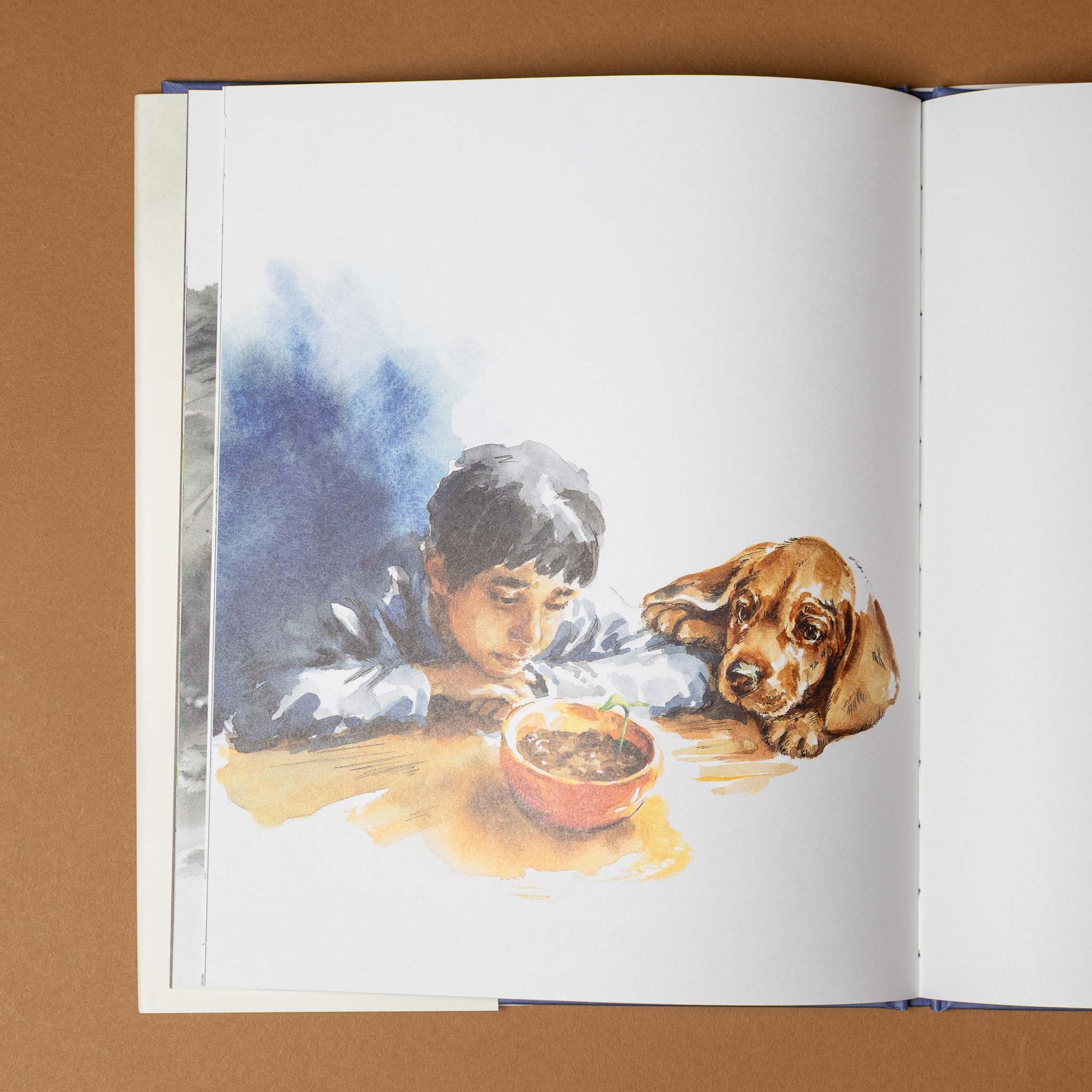 caring-book-illustration-of-a-boy-and-a-puppy-looking-at-a-bowl-of-stew
