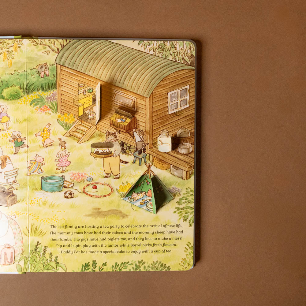 cat-family-four-seasons-life-the-flap-book Illustrated children's book with a family scene on a brown background