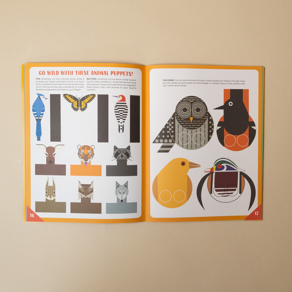 charley-harpers-art-and-animals-activity-book Open book showing illustrations of animal puppets on a beige background