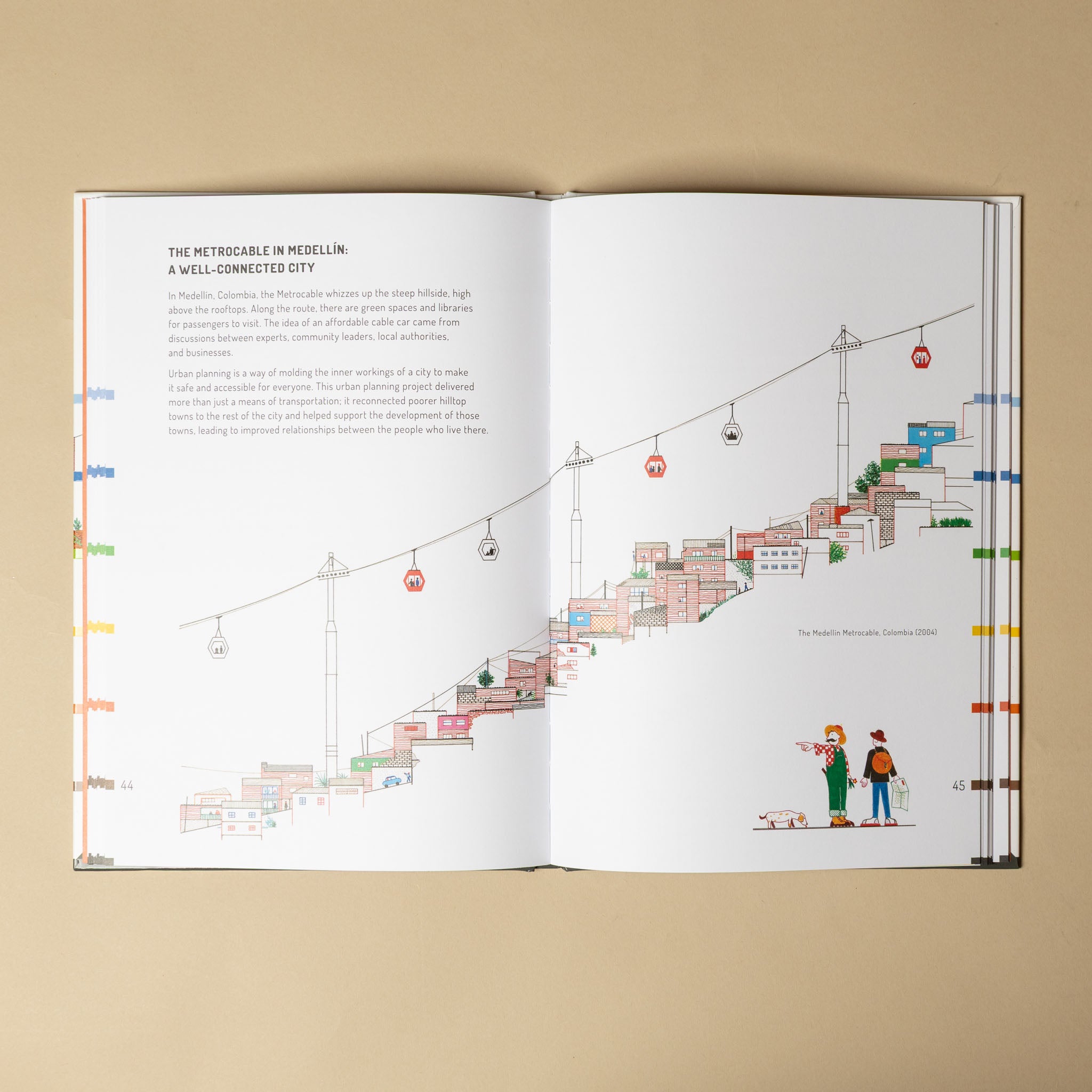 cities-of-the-future-book-open-page-to-illustration-and-text-about-cable-cars-in-medellin-columbia