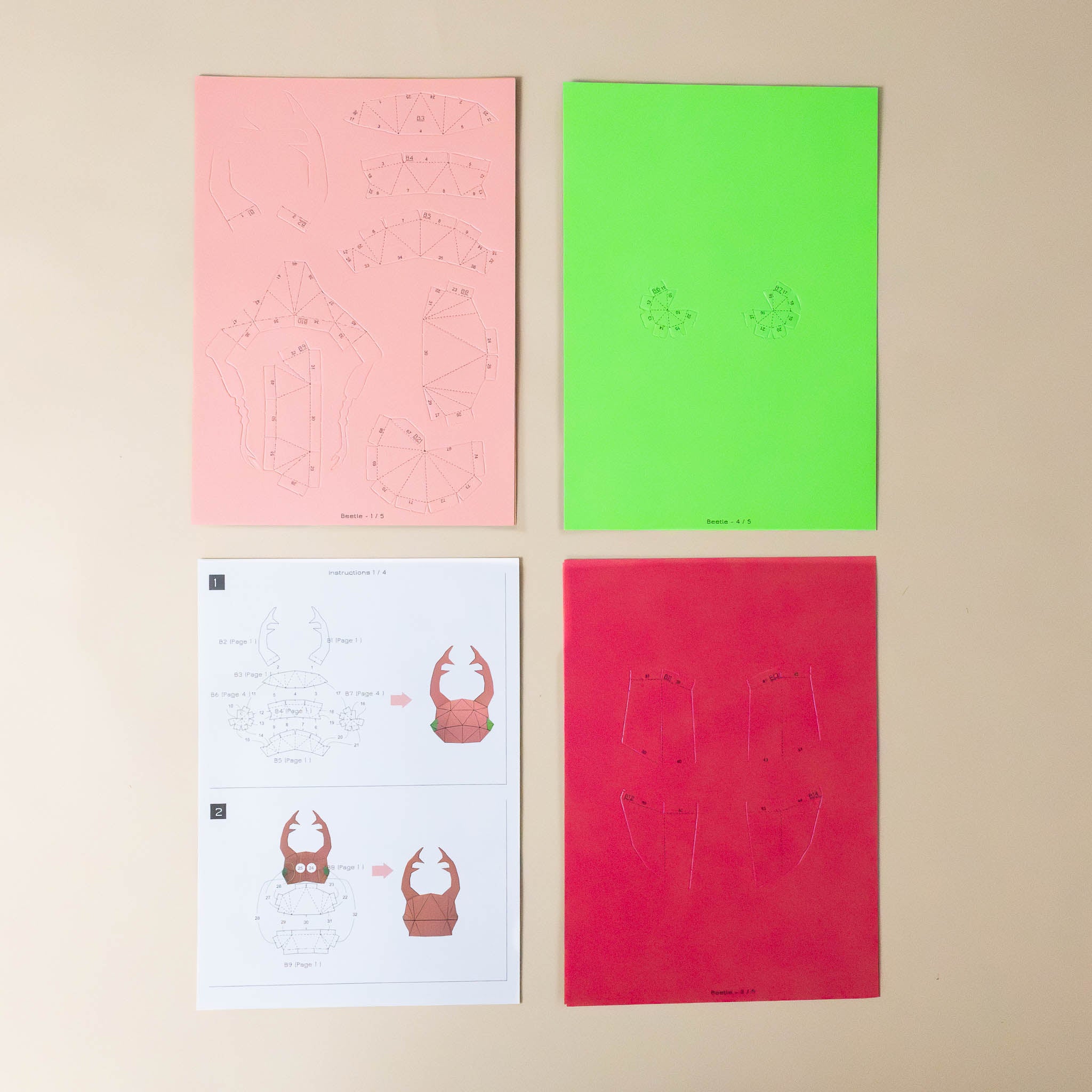 create-your-own-pink-with-green-eyes-3-d-origami-beetle-model-kit-sheets-and-instructions