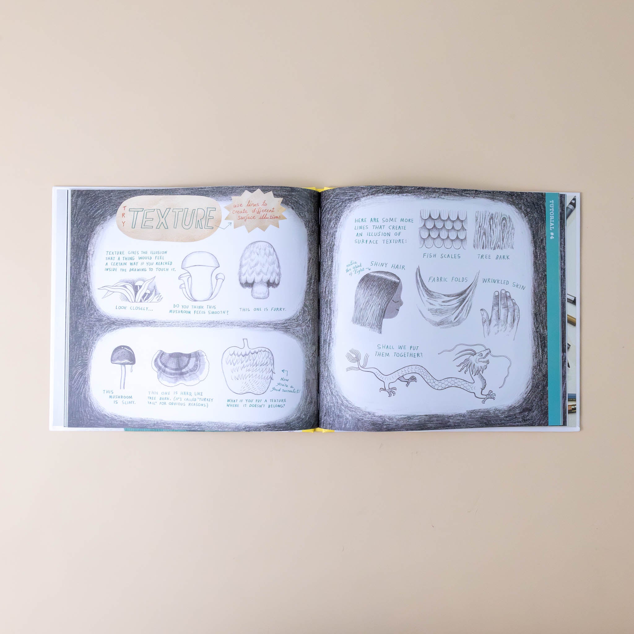 drawing-is-section-on-texture-with-different-items-like-hair-scales-mushrooms