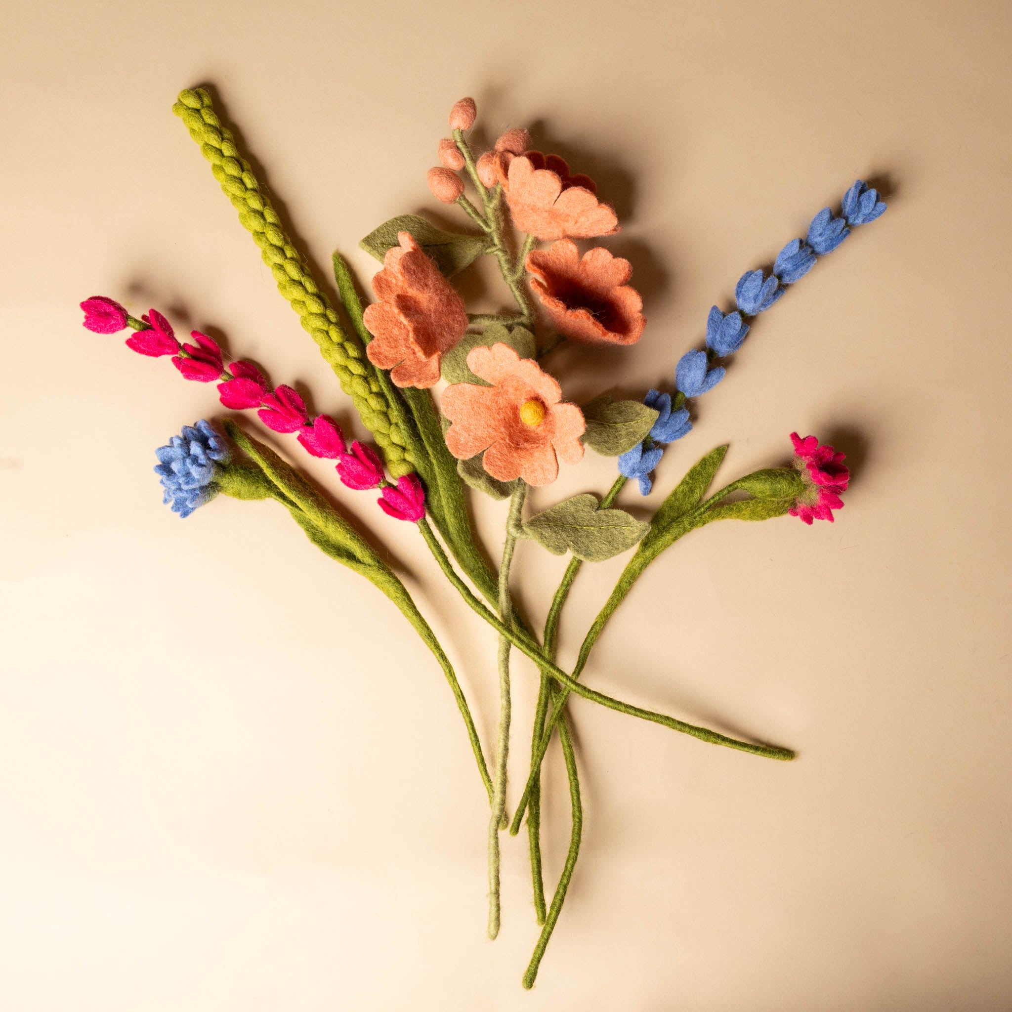 felt-lupine-stem-blue-cerise-amaranth-cornflower-cerise-blue-hollyhock-branch-salmon