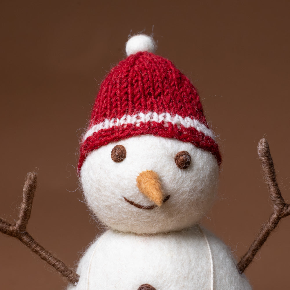 felt-snowman-red-knit-hat-and-mittens Small snowman figurine with a red knitted hat on a brown background