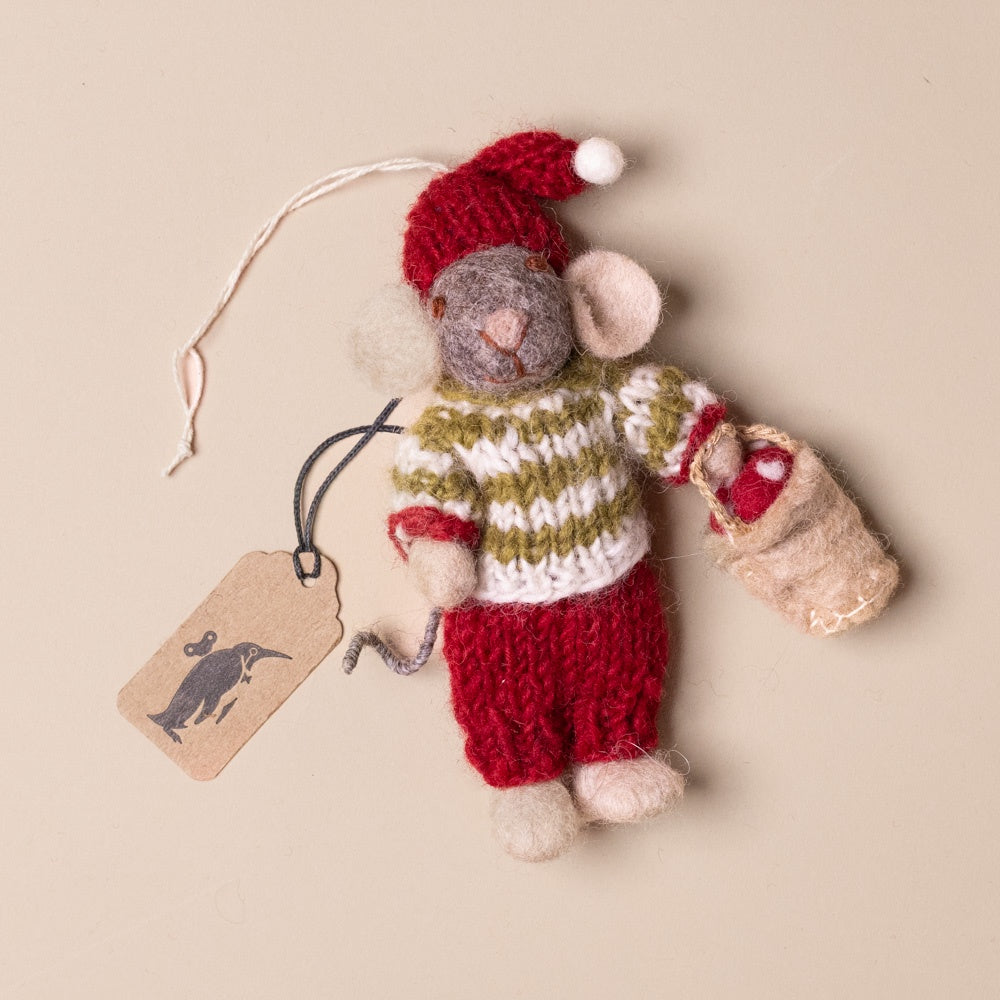 felted-grey-mouse-ornament-green-stripe-sweater-and-mushroom-bucket