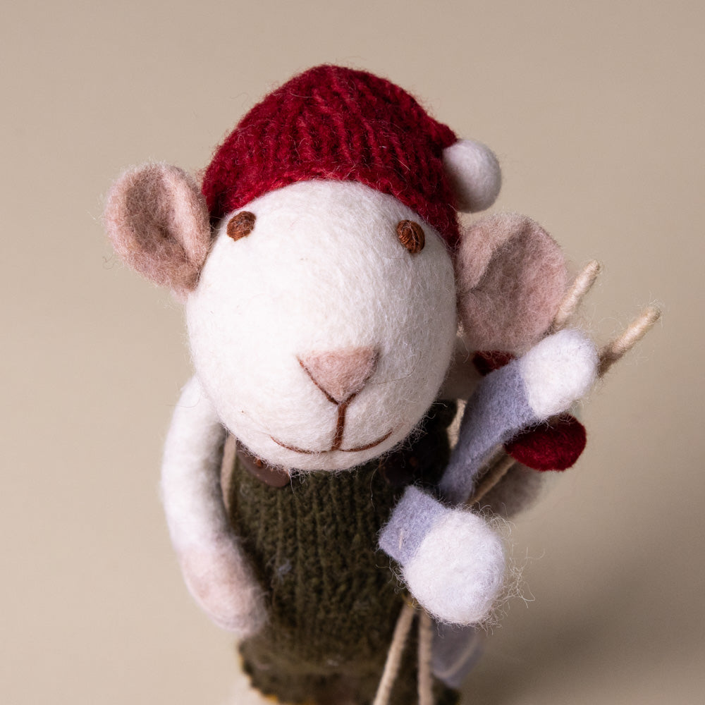 Felted White Mouse | Green Overalls & Skis