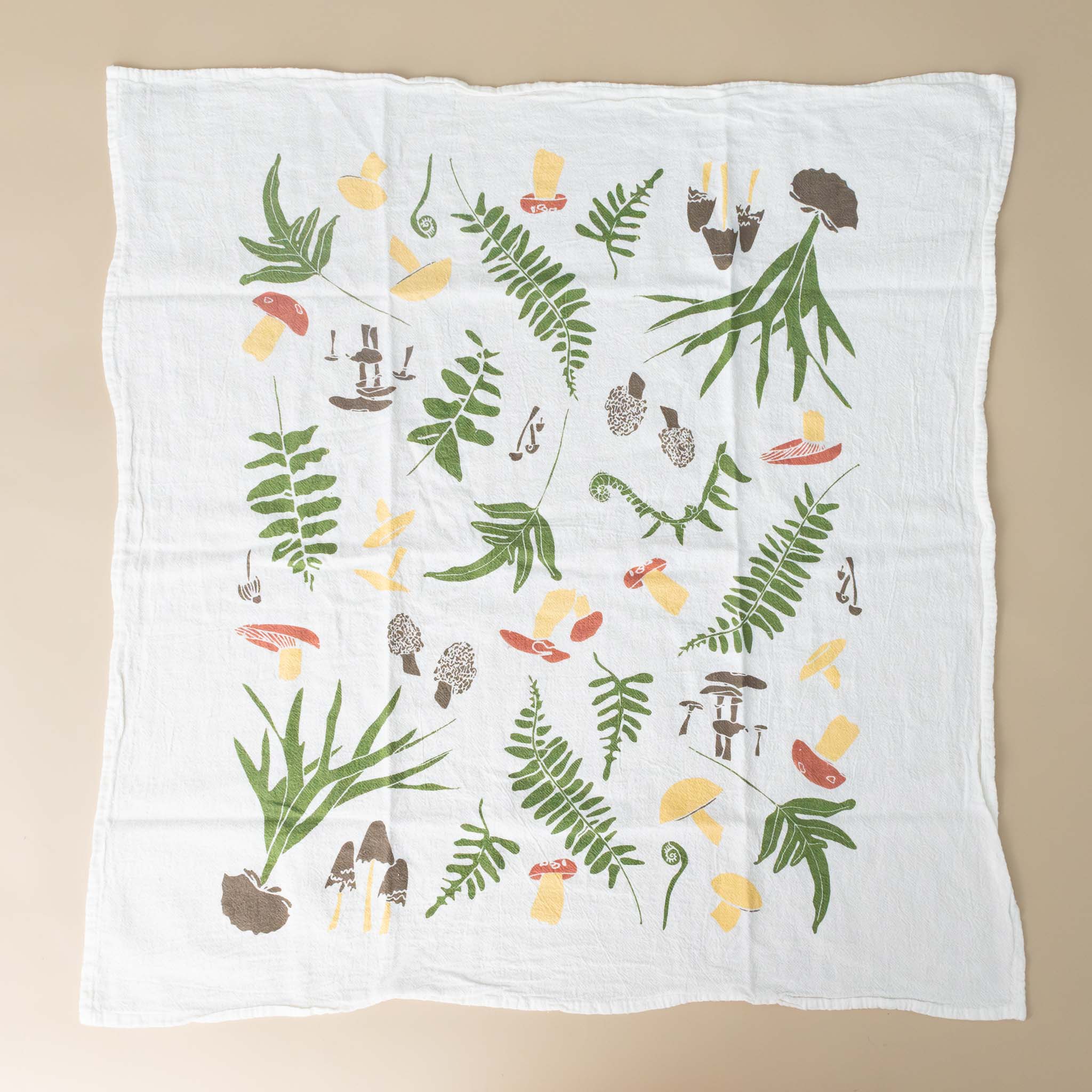 forest-finds-kitchen-tea-towel-mushrooms-ferns-unfolded
