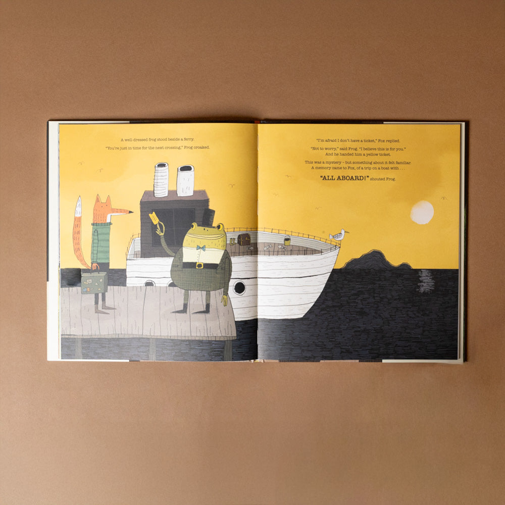 Ifox-and-the-mystery-letter-book illustrated book open to a page with characters near a boat on a yellow background