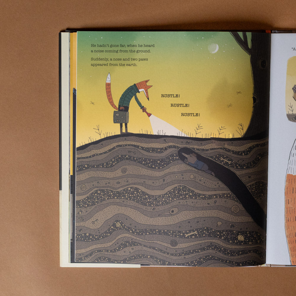 fox-and-the-mystery-letter-book Illustrated book page with a fox character and text on a brown background