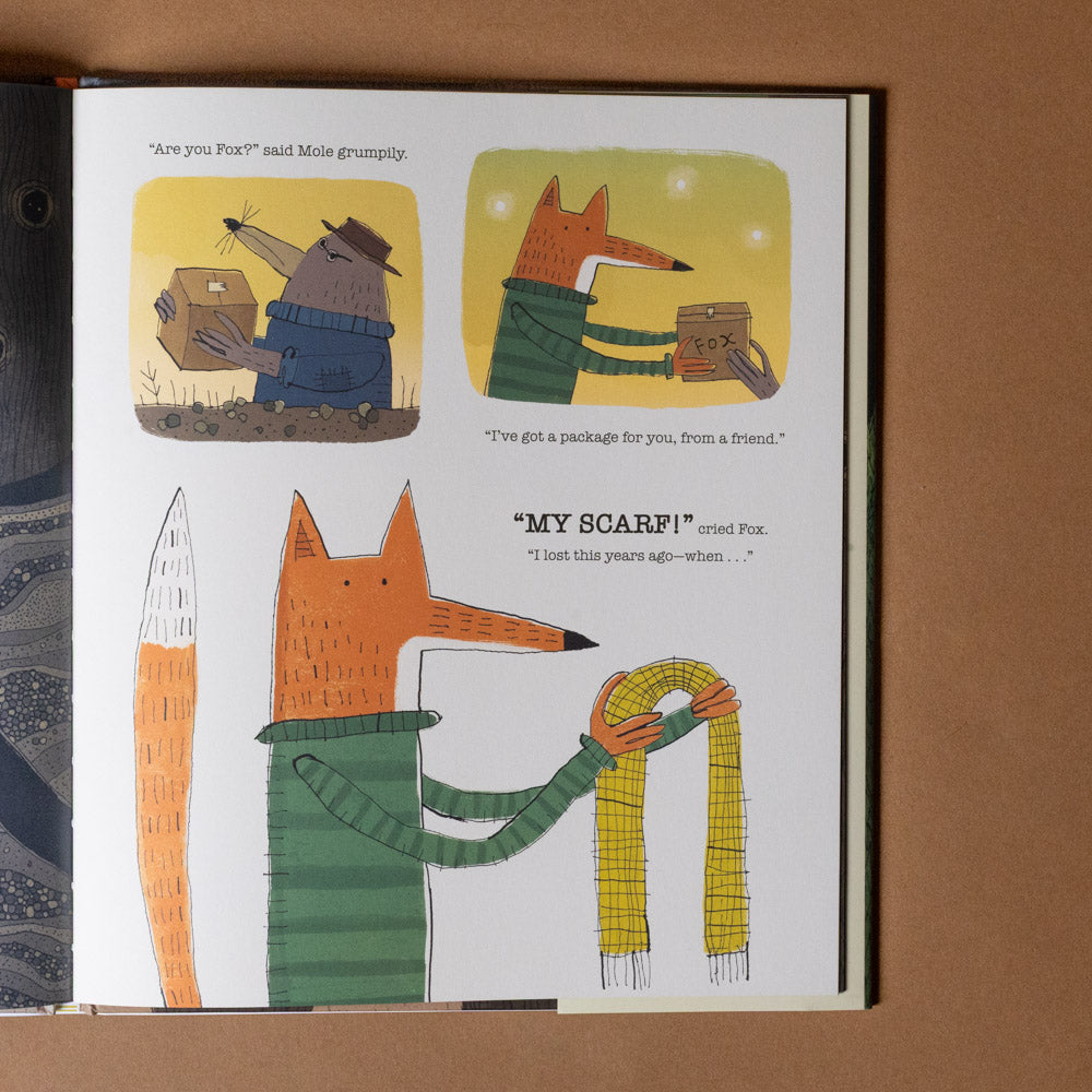 fox-and-the-mystery-letter-book Illustrated book page with a fox character holding two scarves on a brown background