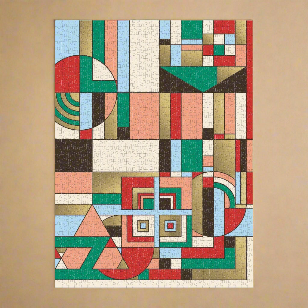 completed frank-lloyd-wright-1000m-piece-puzzle-december-gifts Geometric patterned puzzle with colorful shapes on a white background