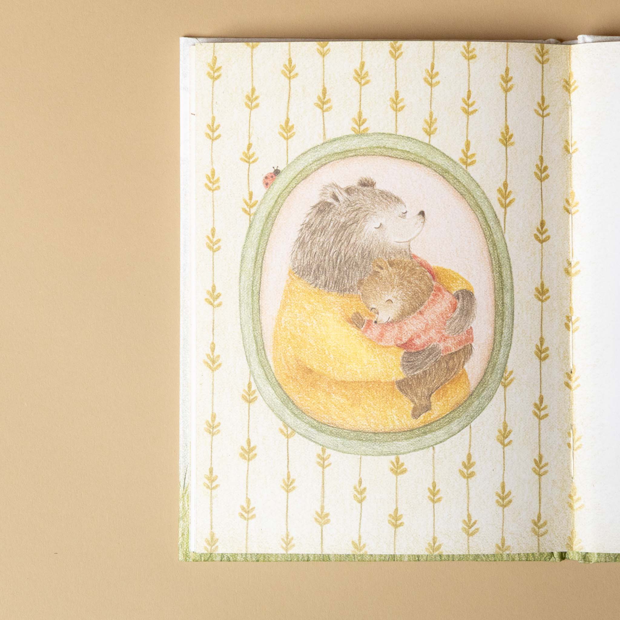 Illustration of a mother bear and her cub in a circular frame on a notebook cover with a gold leaf pattern.i-think-you-are-grand book
