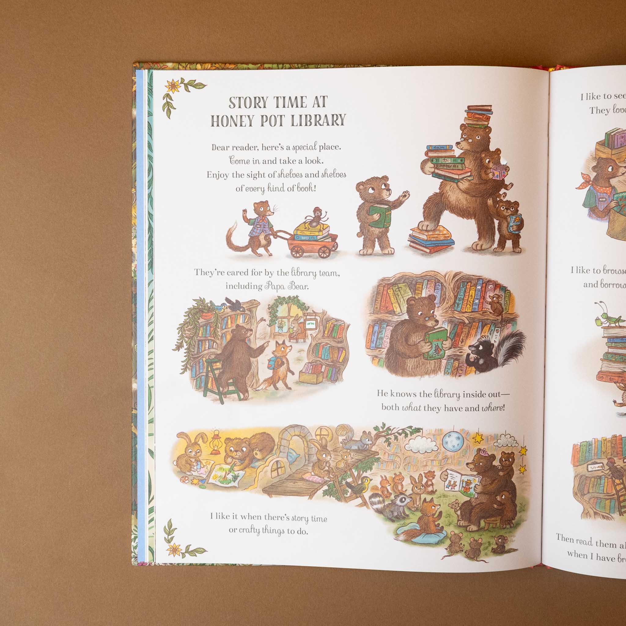 its-busy-down-in-the-woods-today-seek-and-find-book illustrated pages featuring bears at a library on a brown background