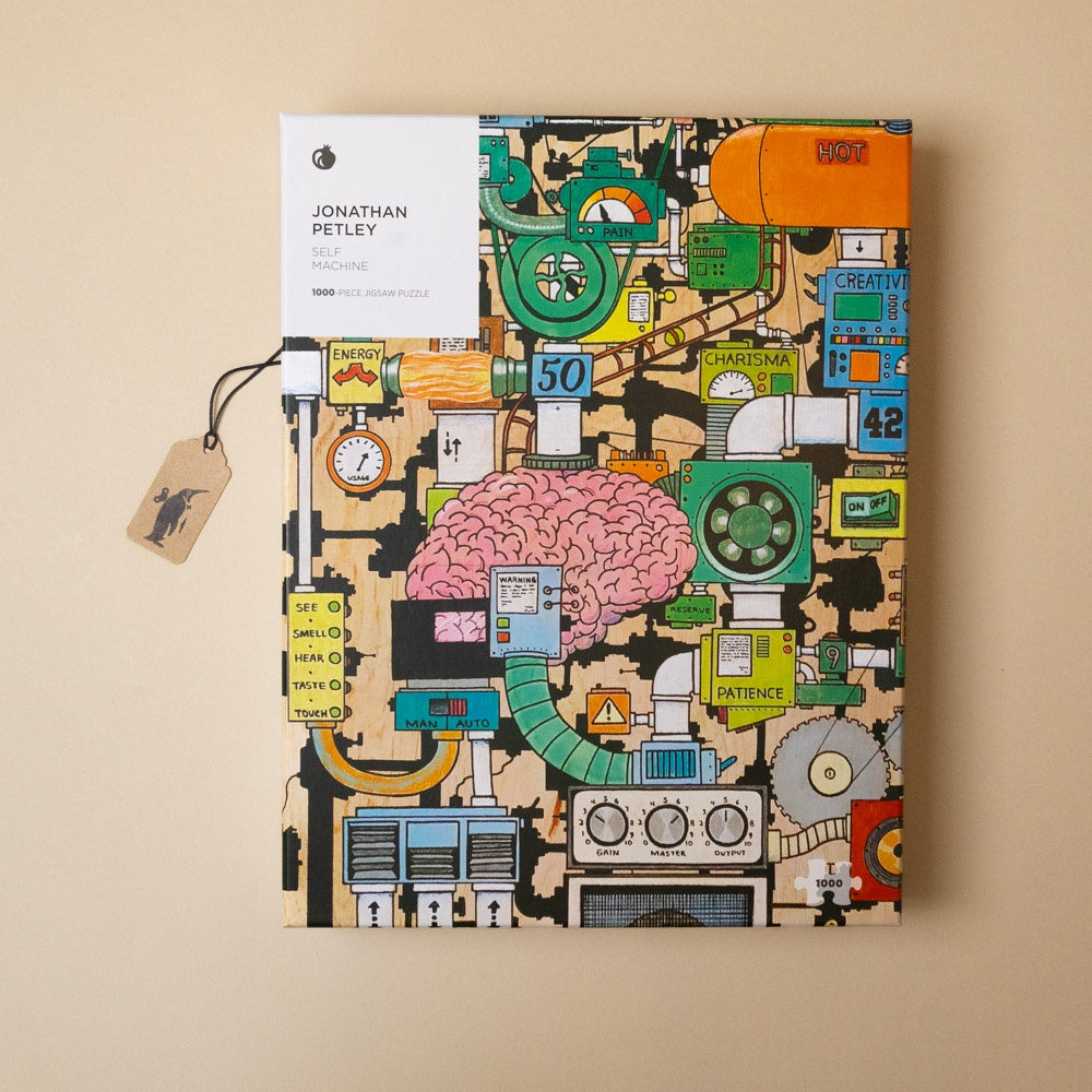 jonathan-petleys-self-machine-1000-piece-puzzle with a colorful, mechanical design on a beige background