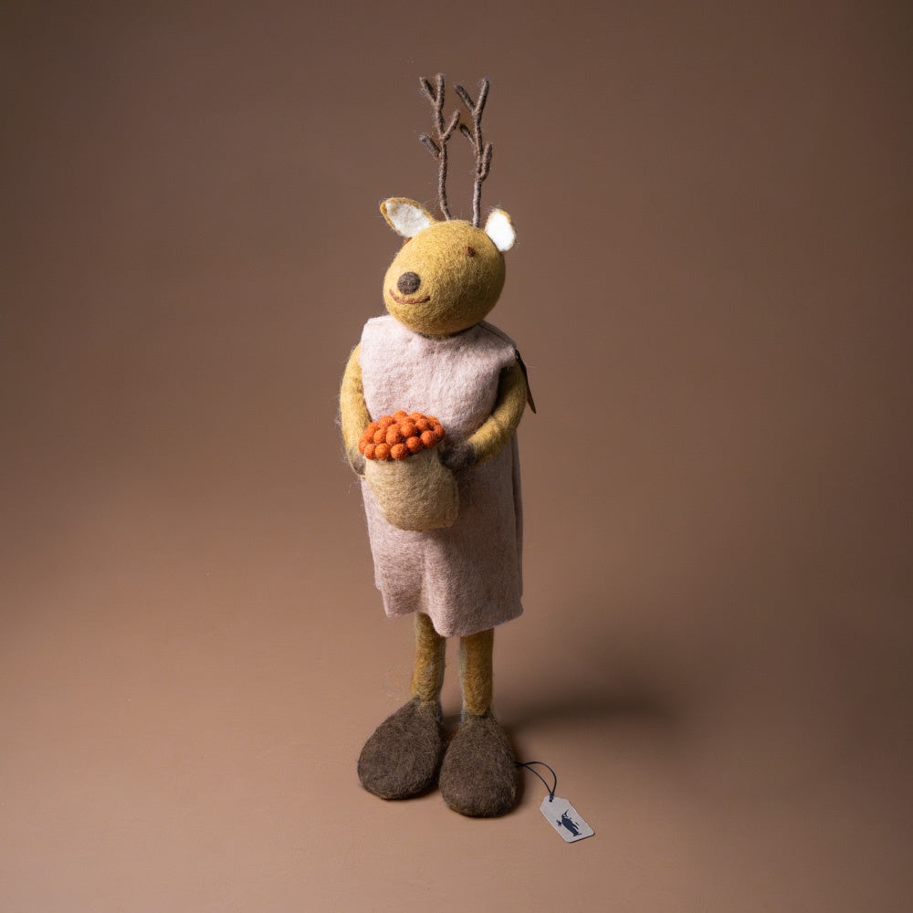 jumbo-felted-brown-deer-pink-dress-and-bowl-of-berries