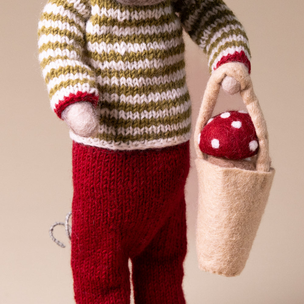 jumbo-felted-grey-mouse-ornament-green-stripe-sweater-and-mushroom-bucket