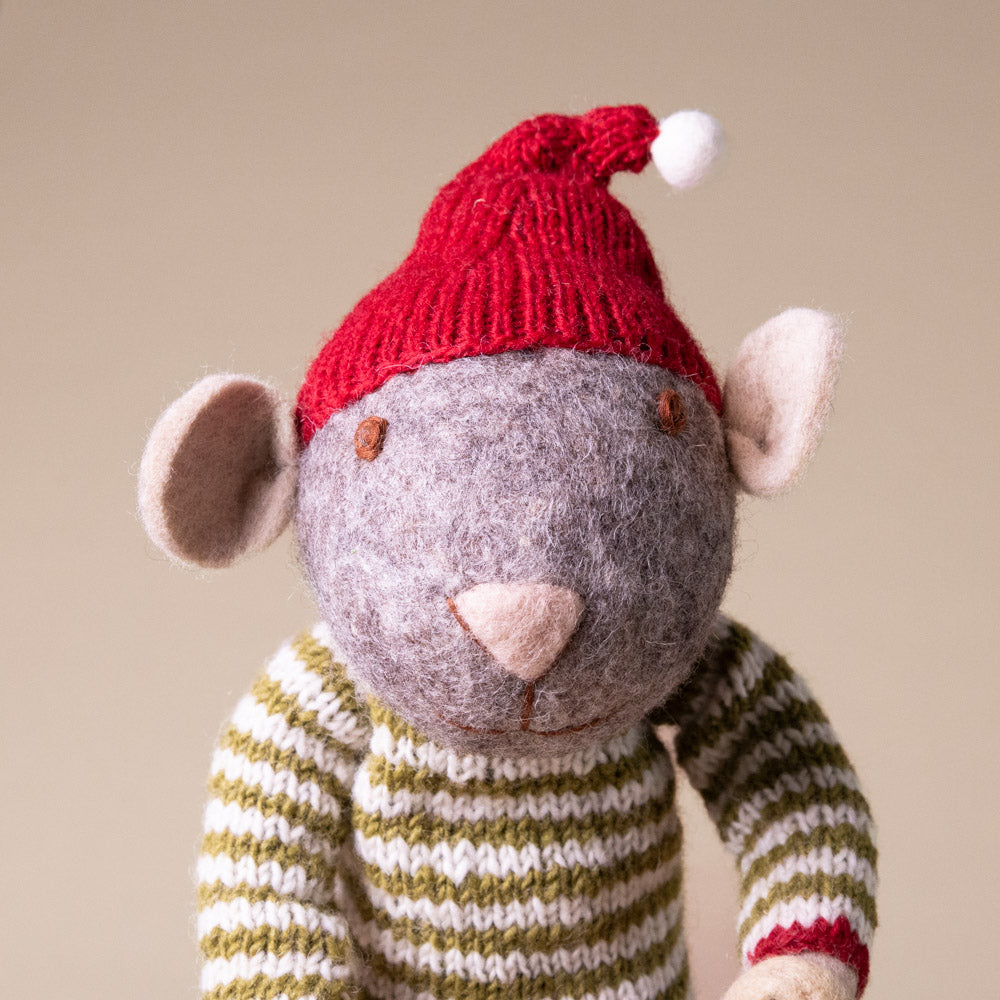 jumbo-felted-grey-mouse-ornament-green-stripe-sweater-and-mushroom-bucket-face
