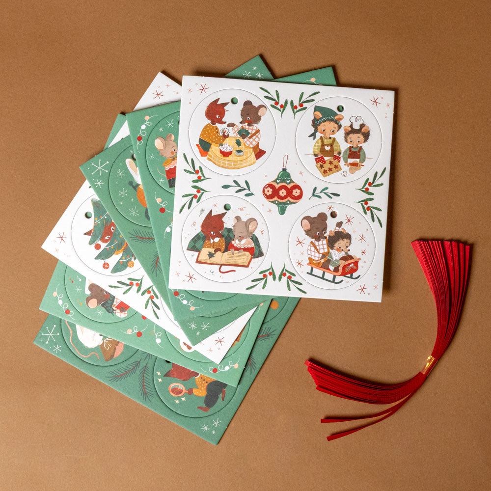 kindness-activity-ornament-set of decorative ornaments with cartoon characters on a brown background