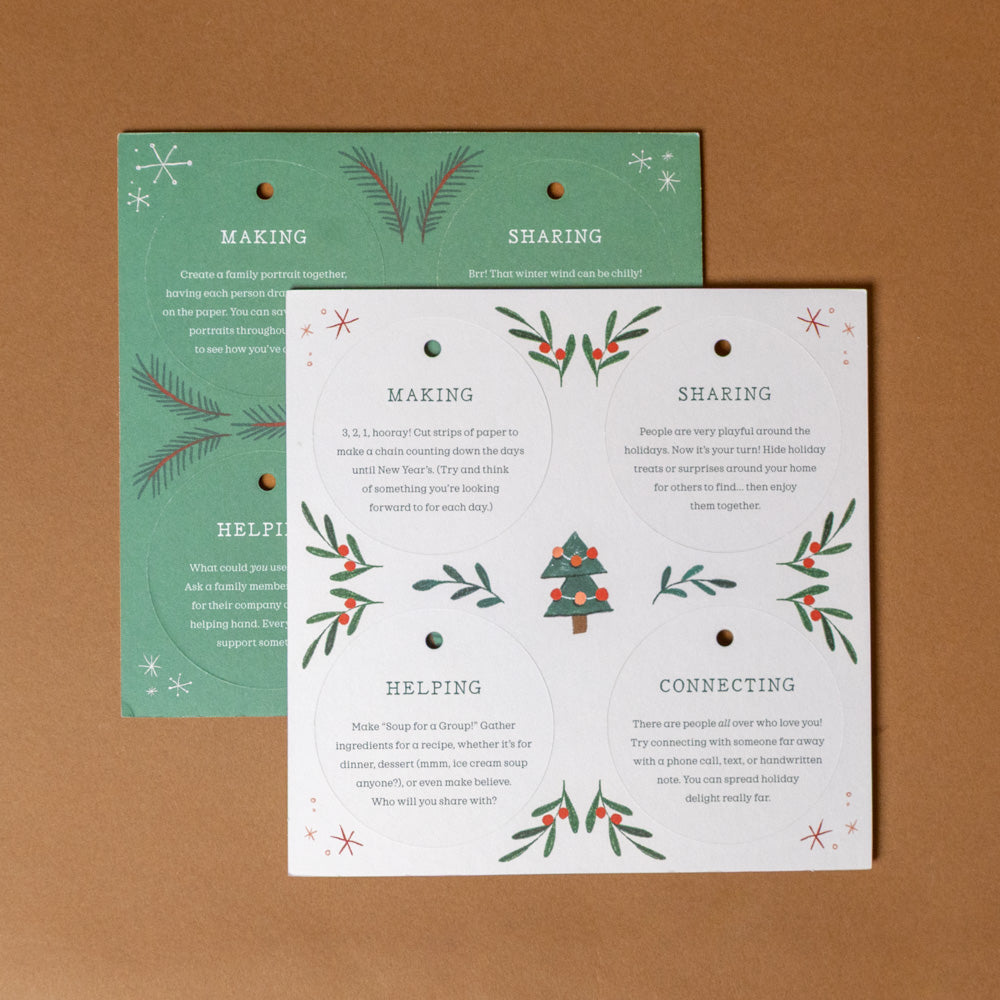 kindness-activity-ornament-set cards with Christmas-themed graphics on a brown background