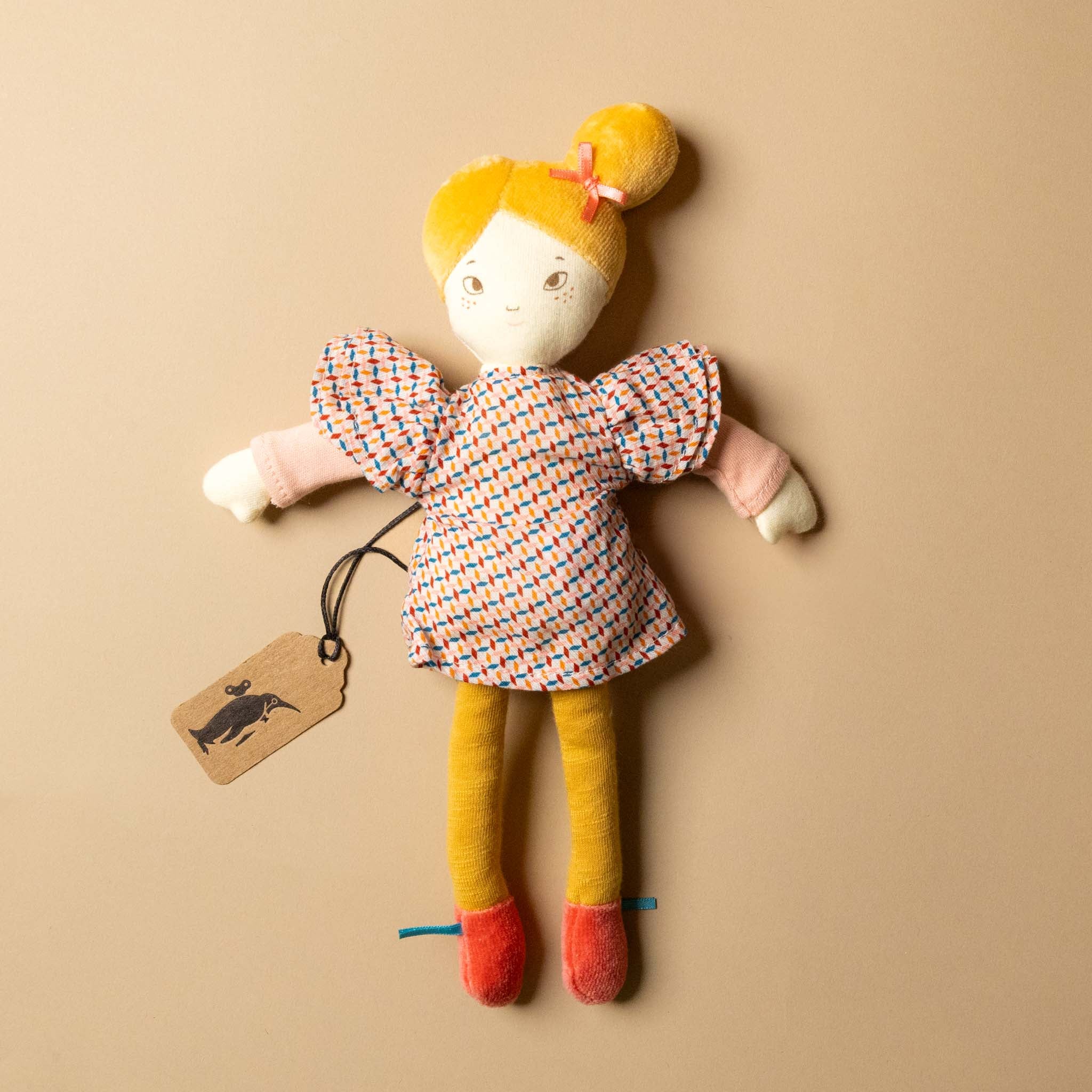 les-parisiennes-petite-agathe-doll-yellow-velvet-hair-and-leggings-patterned-dress-pink-hair-bow
