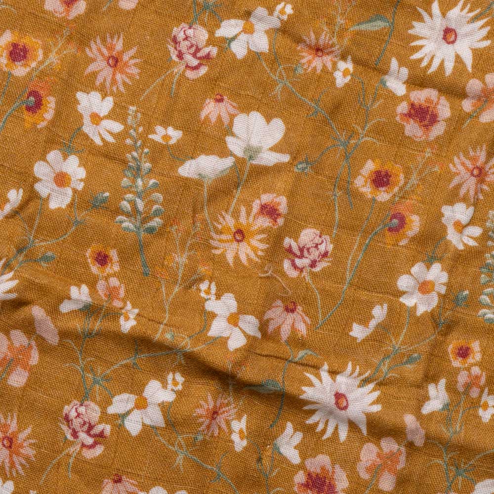 little-lovie-wildflower Floral patterned fabric with flowers on a mustard yellow background