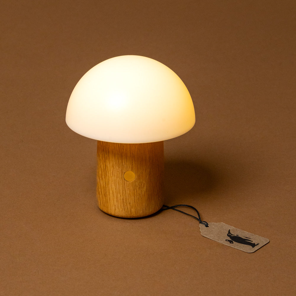 little-wooden-mushroom-lamp-ash with wooden base on a brown background