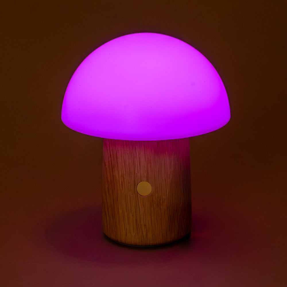 little-wooden-mushroom-lamp-ash with a pink light on a brown background