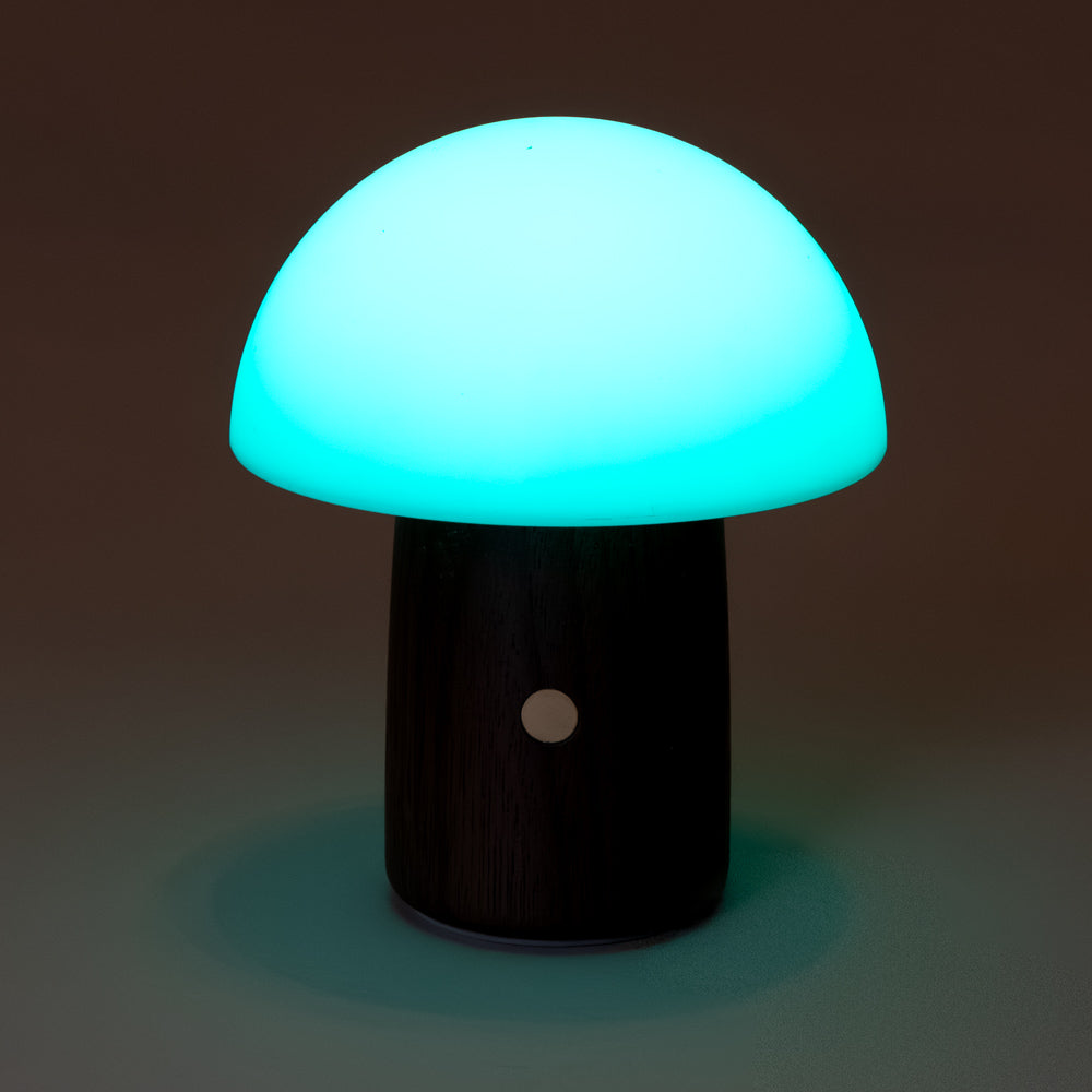 little-wooden-mushroom-lamp-walnut with a glowing blue top on a dark background